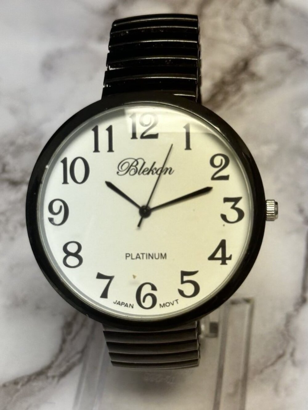 3/$30 Blekon Watch Women Black Easy To Read Dial Stretch Band New Battery 6.75"